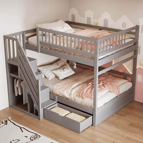 Kinderbett Etagenbett 140x200, Hochbett für 4 Kinder, Stockbett mit Treppe&Aufbewahrungsschrank&Schublade, Holzbett Jugenbett Funktionsbett mit Lattenrost&Rausfallschutz,Kiefernholz,Ohne Matratze,Grau