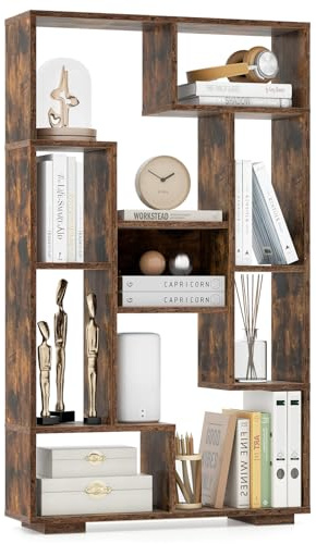 COSTWAY 120cm Bücherregal mit 9 Fächern, Standregal Raumteiler geometrisch, Mehrzweckregal Holz, freistehendes Aufbewahrungsregal mit Kippschutz für Büro, Wohnzimmer (Braun)