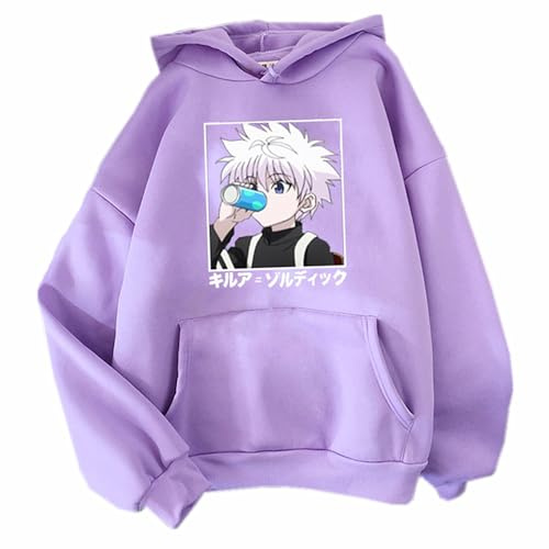 Anime Hunter Killua Zoldyck Felpa con cappuccio con stampa in stile cartone animato, casual, ampia, utilizzata per fan dei manga, regalo cosplay, Viola, S