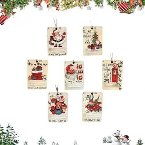 Porte-monnaie en bois artisanal, idéal for collectionner des décorations d'arbre, pince à billets « Joyeux Père Noël » avec breloque de bénédiction à suspendre for la famille et les amis(14 pcs)