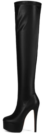 Feinlina Nero Donne sopra il ginocchio alto Stiletto Piattaforma Tacco Stivali Notte Sexy Moda Pelle Coscia Stivali alti, Nero , 42 EU