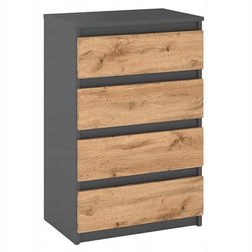 MRBLS_HOME Kommode mit 4 Schubladen - Holz Sideboard 60 x 92,5 x 33,5 cm (B/H/T) - Schmale Kommode für Schlafzimmer & Flur - Regal mit Schubladen - Schrank mit Schubladen (Grau Matt - Wotan)