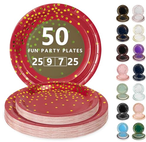 Nkaiso 50 Stück Burgund und Gold Einweg Pappteller | Partygeschirr Set Mit 23cm Party Teller, 18cm Dessertteller, Elegantes Einweggeschirr für Jubiläums, Hochzeiten, Geburtstag