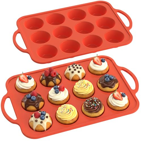 RCMo 2Pack Silicone Muffin Pan for Baking with Metal Reinforced Frame, 12 Cup Regular Size Cupcake Pan, BPA Free Silicone Muffin Tray, Cupcake Baking Pan Molds for Oven Dishwasher Safe - Orange