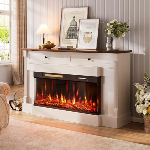 Eueiriup 61 Electric Fireplace with Mantel, Freestanding Fireplace Heater TV Stand with 40 3-Side Glass Insert for TVs Up to 70, Farmhouse Entertainment Center with 2 Drawers for Living Room, White