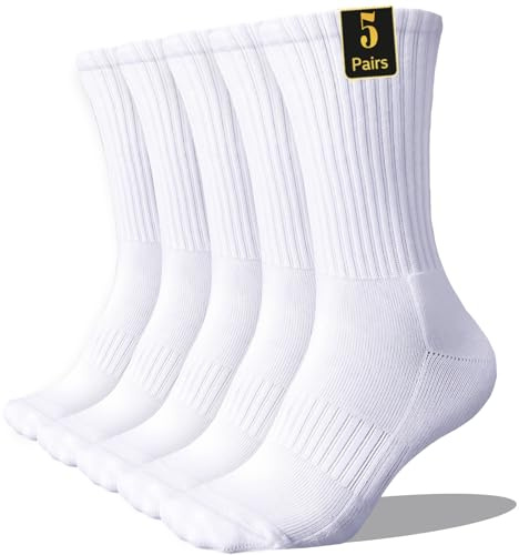 Wamicu 5 par herrtennisstrumpor sportstrumpor med vadderad sula och fotvalvsstöd, bomull andas crew löparstrumpor vandringsstrumpor, 01-5-pack *vit, 43-46 EU