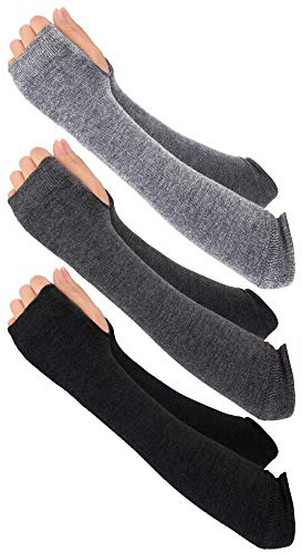 Bememo 3 Pairs Long Fingerless Gloves for Women Arm Warmers Unisex Arm Sleeves Knit Thumb Elbow Hole Stretchy Gloves Goth(Black, Deep Grey, Light Grey)