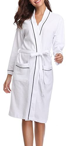 Vlazom Waffle Dressing Gowns Unisex Kimono Robe Cotton Lightweight Bathrobe for All Seasons Spa Hotel Sleepwear, White-style a, XL