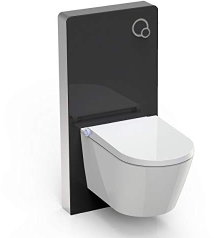 BERNSTEIN - Pack WC japonais Blanc + Module sanitaire Noir, Toilettes suspendu lavant Cuvette céramique brillant, jet douche, Abattant LED, Chasse Vortex 180° - 59x38x38cm - Basic 1102