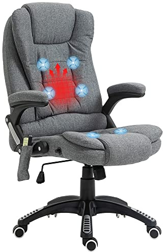 Vinsetto Bürostuhl mit Massagefunktion Leinenoptik Chefsessel Grau | Heizfunktion, Liegefunktion, Wippfunktion, Ergonomisch, Höhenverstellbar, 360° Drehbar, Computerstuhl, Seitentasche