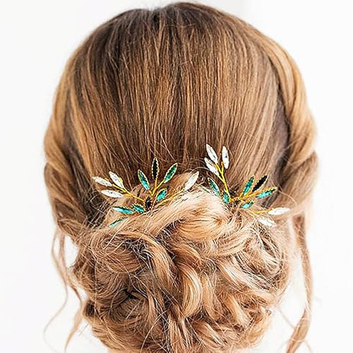 IYOU Accesorios para el cabello de boda en oro con cristales verdes, horquillas de strass, adorno para la cabeza de novia, hoja, horquillas para el pelo para damas (2 piezas) (Oro)