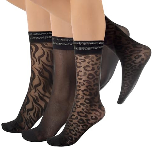 CALZITALY 3 PAIRES Socquettes Voile, Chaussettes Femme, Socquettes Lurex, Chaussettes Brillantes, Chaussettes Résille | Noir | Taille Unique | Made in Italy (Taille unique, 3 PAIRES MOTIF ANIMALIER)