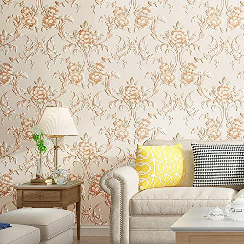 Prior.choice 10X0.53M Vivid Vintage American Country Flowers 5 Colors Embossed Textured Non-Woven Wallpaper Roll for Bedroom Livingroom 1.73' W x 32.8' L=5.3㎡ (57sq.ft) (Beige)