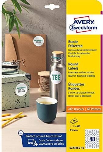 AVERY Zweckform 6223REV-10 Runde Etiketten (480 Klebepunkte, Ø30mm auf A4, runde Aufkleber zum Bedrucken, wieder rückstandsfrei ablösbar/abziehbar, selbstklebende Marmeladenetiketten) 10 Blatt, weiß