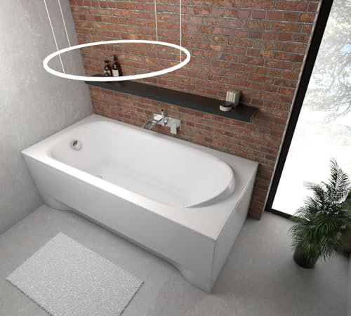 ECOLAM® Badewanne Wanne Rechteck Medium Polimat Acryl weiß 170x75 cm + Schürze Ablaufgarnitur Ab- und Überlauf Automatik Füße Silikon Komplett-Set