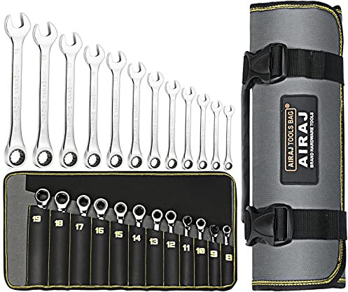AIRAJ Ratschenschlüssel-Satz (8-19 mm), 72 Zähne Ringmaulschlüssel mit festem Kopf aus Chrom-Vanadium-Stahl in Rolltasche, perfekt für Haus, Auto und Reparaturen