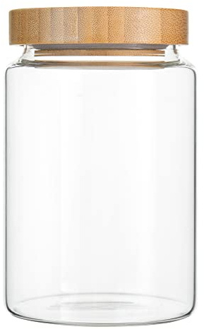 MOLADRI 900ML/30Oz Clear Cute Glass Storage Canister Holder with Airtight Bamboo Lid, Modern Decorative Medium Container Jar for Coffee, Spice, Candy, Salt, Cookie, Condiment, Pepper, Sugar