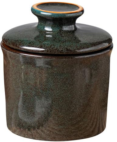 Pottery Butter Dish with Lid for Countertop, Rustic French Butter Crock with Water Line, Ceramic Butter Keeper Keeps Butter Soft & Spreadable at Room Temperature, 6.5 oz, Greenish Brown