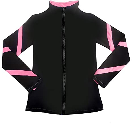 LIUHUO Girls Ice Skating Jackets Women Stripes Training Practice Figure Skating Tops Costs Fleece (Pink,Medium)