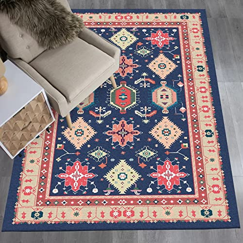 Rururug Rechteckig Teppich Moderner Läufer Orientteppich Kurzflor Flur Schlafzimmer Küche Wohnzimmer rutschfest Waschbar, blau-rote geometrische Grenze 90 x 150 cm
