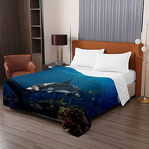 Odot Colcha Bouti de Verano, 3D tiburón Estampado Suave Microfibra Multiusos Cubrecama Lavable Acolchada Edredón Manta para Cama de Infantil Individual Matrimonio (130x150cm,Fondo del mar)