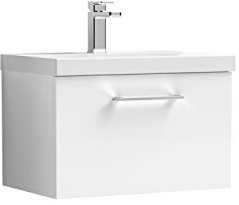 nuie ARN122A Arno Modern Bathroom Wall Hung 1 Drawer Vanity Unit with Mid-Edge Ceramic Basin, 600mm, Gloss White