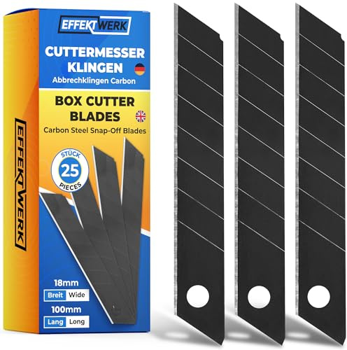EFFEKTWERK 25 x Schneidmesser Klingen - 18mm Karbonstahl Abbrechklingen - Teppichmesser Klingen - Extrem scharf - Ersatzklingen Cutter Messer - Schwarz