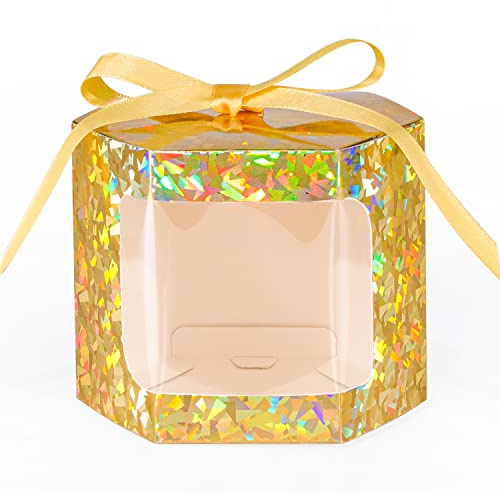 24 Geschenkschachteln mit Sichtfenster, sechseckige Pappschachteln mit Deckel, geeignet zum Verschenken, Basteln, Torten, Bonbonschachteln, Hochzeitspartys Brautpartys Babyshows