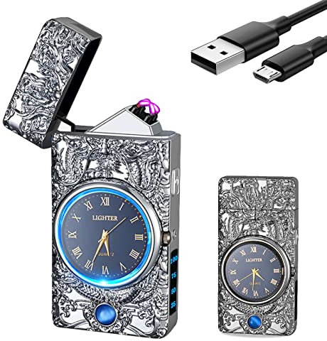YOZWOO Accendino elettrico USB ricaricabile Accendino antivento a candela senza fiamma Accendino ad arco al plasma con torcia LED per barbecue all'aperto, escursioni, campeggio (Argento-Drago)