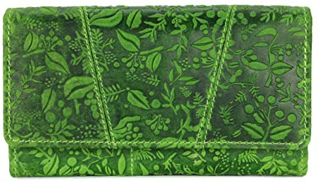 Belli Vintage Leder Damen Geldbörse Portemonnaie Geldbeutel Portmonee aus weichem Leder mit RFID in grün Gemustert - 17,5x10x3cm (B x H x T)
