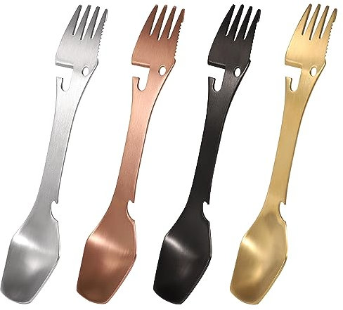 Camping Spork Multifunktions-Gabellöffel 5 in 1 Edelstahl Göffel Gabel Messer Dosenöffner Combo Camping Besteck mit Aufbewahrungstasche für Picknick Reisen Wandern 4 Stück (4 Farben)