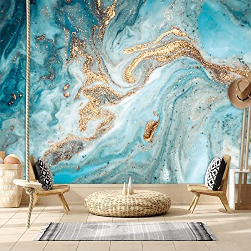 Goldenes Aquarell Aus Blauem Marmor Fototapete 3D Wandbilder, Panoramawandbilder Große Tapete Dekoration Gemälde Tapete, Geeignet Für Wohnzimmer Und Schlafzimmer Kinderz 200 (Breite) x 150 (Höhe) cm