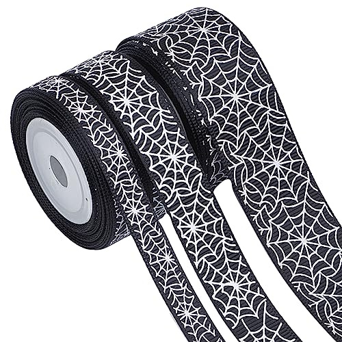 GORGECRAFT 15 Yards Halloween-Band Mit Drahtrand 9/16/25 mm Breit Spinnennetz-Spitzenband Schwarz Bedrucktes Polyester-Ripsband Gestreifte Bänder Für Kranz Kostüm-Dekoration Heimwerkerarbeiten