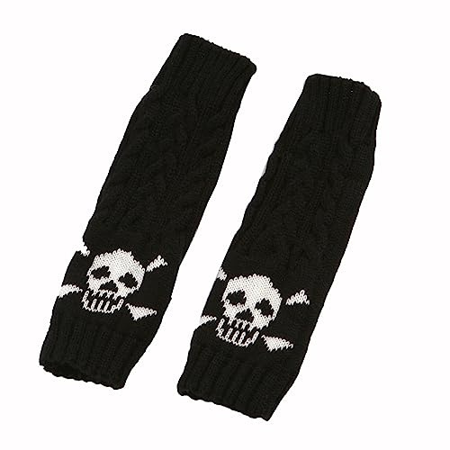 1 Paar Arm Winterwarme,Strickhandschuhe mit Totenkopf-Design,Handstulpen Arm Warmers Goth Halbfingerhandschuhe Winterhandschuhe Lange Armwärmer Fingerlose Handschuhe für Frauen,Schwarz