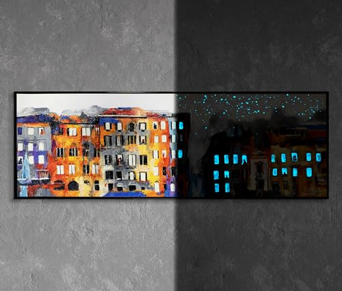 YS-Art XXL Abstrakt Fluoreszierendes selbst leuchtendes Acryl 3D Gemälde auf Leinwand Kleinstadt handgemalt Wohndekor modern Tag und Nacht echte Kunst 150x50 cm