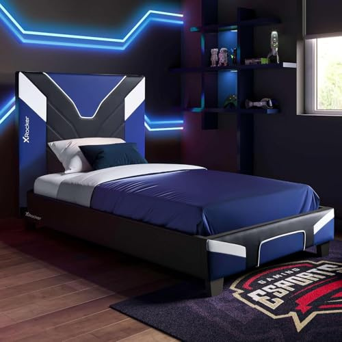 X-Rocker Cerberus MKII 3ft Single, Gaming Upholstered Bed Frame - Flat-pack for Easy Assembly, Breathable Comfort, Wooden Slats, Wipe-Clean Faux Leather for Kids & Teens - Blue - 90x190cm