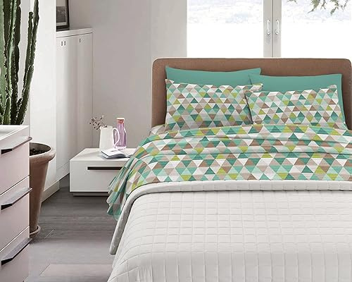 IlGruppone Completo Letto in Cotone Di Flanella Calda e Morbida Anti Pilling - Set Lenzuola Flanellato 3 Misure parure con Federe - Singolo - Riga Rosa (Matrimoniale, Triangoli Verdi)
