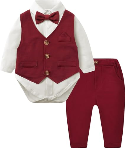 mintgreen Babypojke kostym, 3 st set bröllop gentleman kläder jumpsuit väst + byxor, Bourgogne, 9-12 M�nader