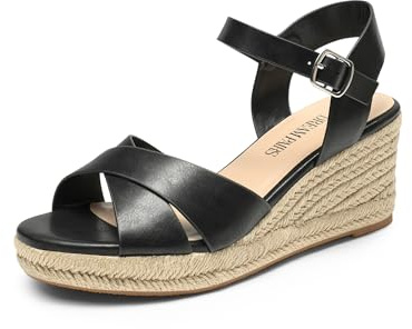 DREAM PAIRS Espadrille uppklädda kilsandaler, plattformssandaler för kvinnor, vardagliga sommar, bekväma högklackade kilar med justerbart spänne, Svart-pu, 40 EU