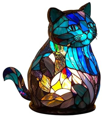 perfk Tierlampe Nachtlicht Schlafzimmerlampe Vintage Tischlampe Handgefertigte Schreibtischlampe Gebeizte Harz Tischlampe für Nachttisch Büro, Katze