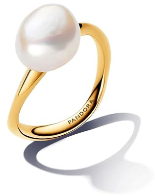 PANDORA Essence Anillo chapado en oro de 14 quilates con perla blanca barroca cultivada de agua dulce tratada, talla 52