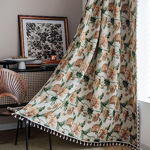Epinki Vorhänge Polyester Ösen 150x260cm(BxH), Ölgemälde Stil Blumen Jacquard Quaste Champagner Vorhang Schlafzimmer Modern aus Polyester für Deko Wohnzimmer Schlafzimmer