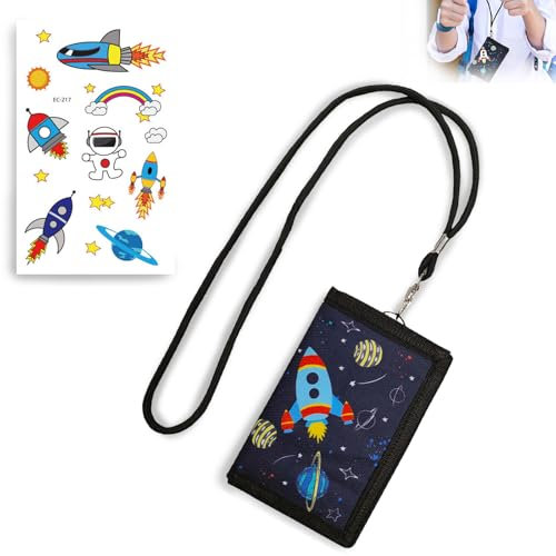 Rienan Portemonnaie Kinder Portmonee Kinder Geldbeutel Jungen Kinder Portemonnaie 8 X 12 cm mit Metallkette für Kindergeschenke mit Kinderraketen-Tattoo-Aufkleber 1 Blatt