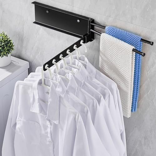 Kleiderhaken Klappbar, Wäscheständer Wandmontage, 180° Kleiderlüfter Aluminium, DREI Falten Wandtrockner Ausziehbar, Multifunktionale Kleiderbügel Wand für Badezimmer Balkon Waschküche, Schwarz