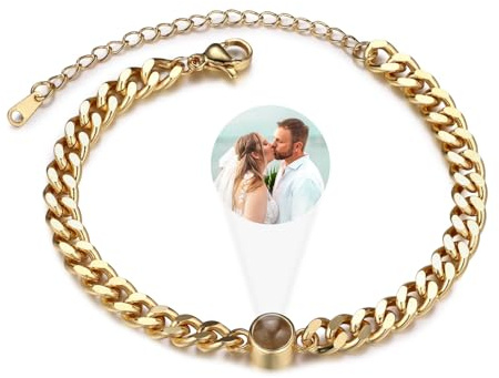 INBLUE Personalisierte Foto Projektion Armband für Paar Edelstahl Kandare Kette Armband mit Projektion Perle Individuelle Armband mit Bild Innen Memorial Geschenke für Frauen