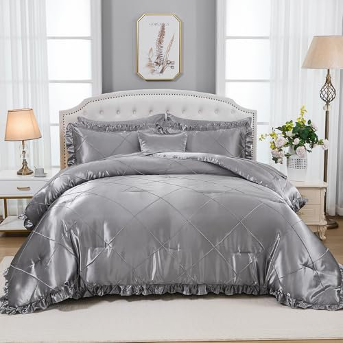 Grey Comforter Set King Sheet Set Silk Like Satin Bedding Set Silky Bed in a Bag 8 Pcs Pinch Pleat Bed Set Home Decor Luxury Hotel Silky Ruffle Comforter with 1 Cushion Cover