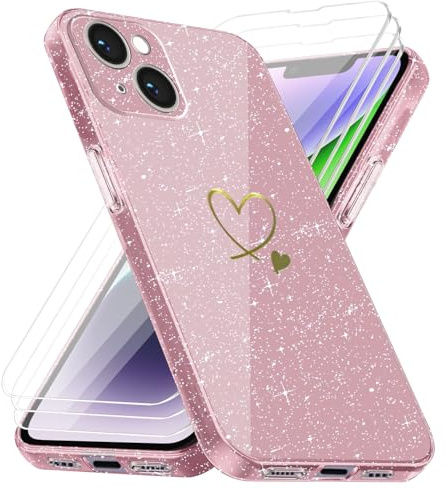 Handyhülle Kompatibel mit iPhone 14 mit 3 Stücke Schutzfolie, Weich TPU Anti-Fingerabdruck Hülle, Glitzer und Absturzsicherung Schutzhülle (Rosa)