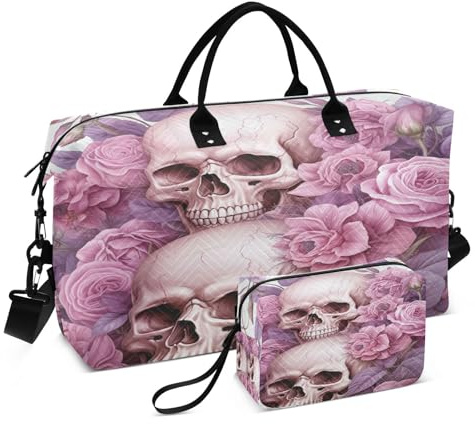 LINNIKEEEE Rosa Blumenschädel Reise-Seesäcke, Sporttasche, Weekender Handtasche mit Kulturbeutel für Damen Mädchen Herren
