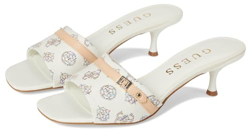GUESS Women's Peomit Heeled Sandal, White/Beige Rainbow Logo 140, 7 UK