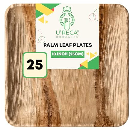 U'reca Organics Eco-Friendly Areca Palm Leaf Square Plates | 10 - Pack of 25 | Perfect for Lunch, BBQ & Party Servings | Sturdy, Plastic-Free, Biodegradable
